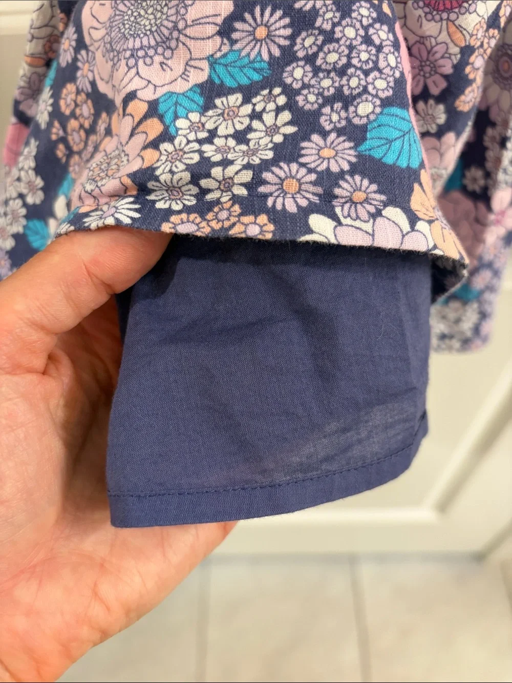 Girls Navy Floral Flutter Sleeve Dress - Pink & Teal Flowers